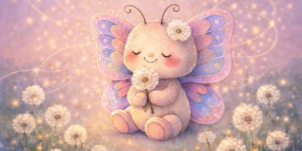 Adorable baby butterfly with dandelions in a magical glowing meadow.