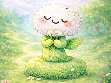 Cute dandelion character holding flowers in a peaceful forest.