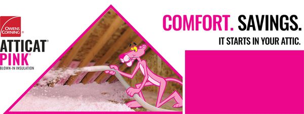 Pink Panther promoting Owens Corning Atticat Pink insulation for attic comfort and savings.
