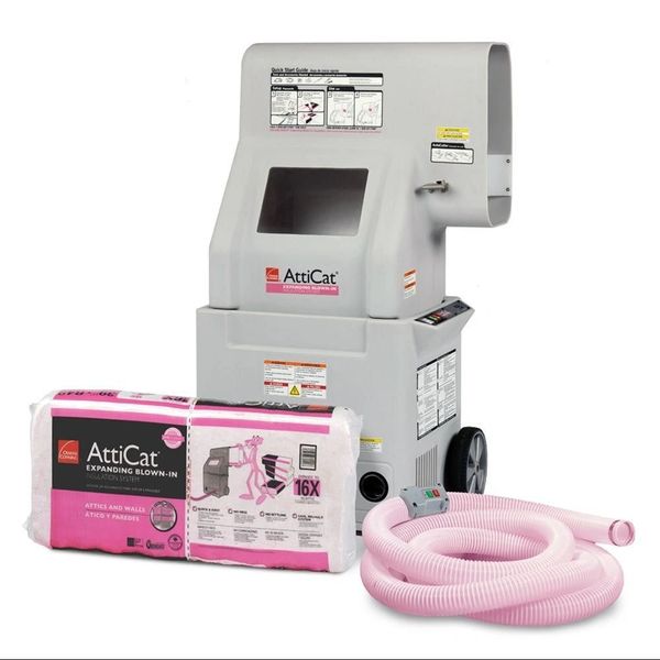 AttiCat expanding blown-in insulation machine with hose and insulation material.