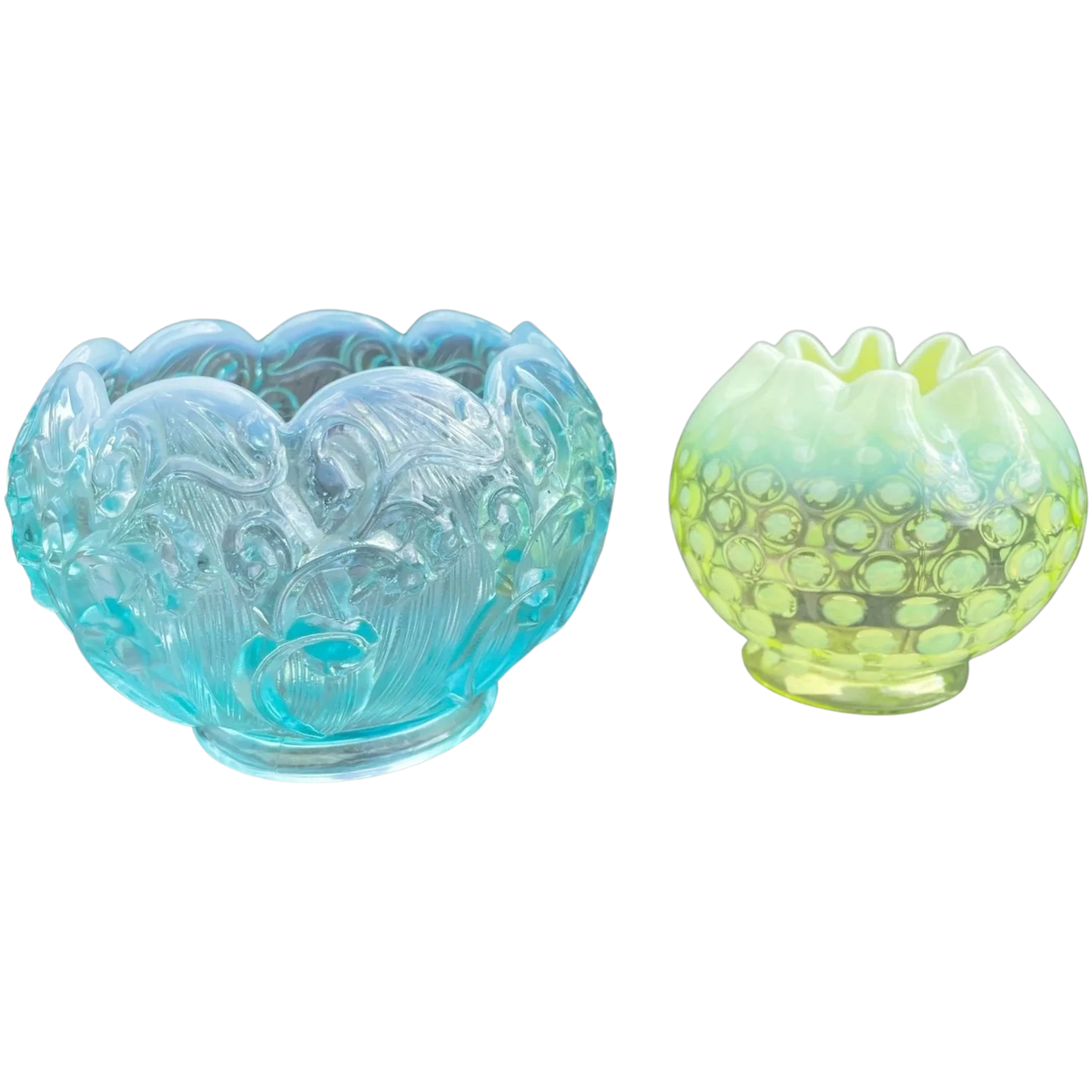 Fenton Vaseline Rose Bowl & Teal Fenton Rose Bowl