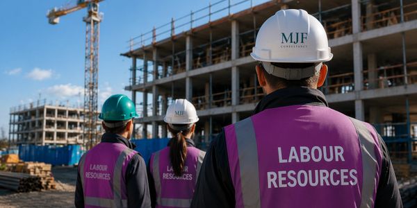 Three labour resource workers at a construction site wearing safety gear.