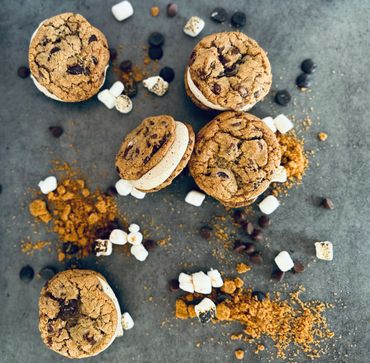 S'mores cookies. Chocolate chip cookies stuffed with torched Italian meringue buttercream