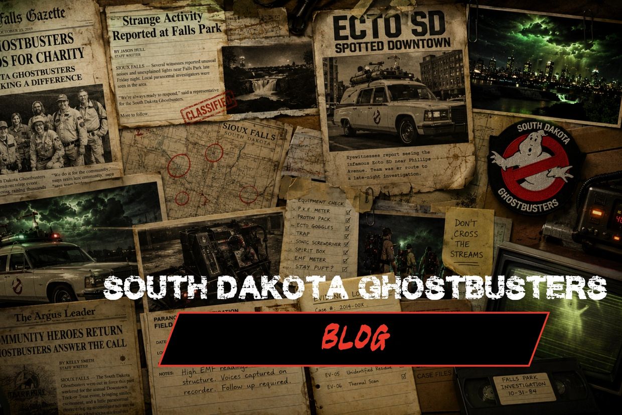 Collage of newspaper clippings and Ghostbusters gear from South Dakota paranormal investigations.