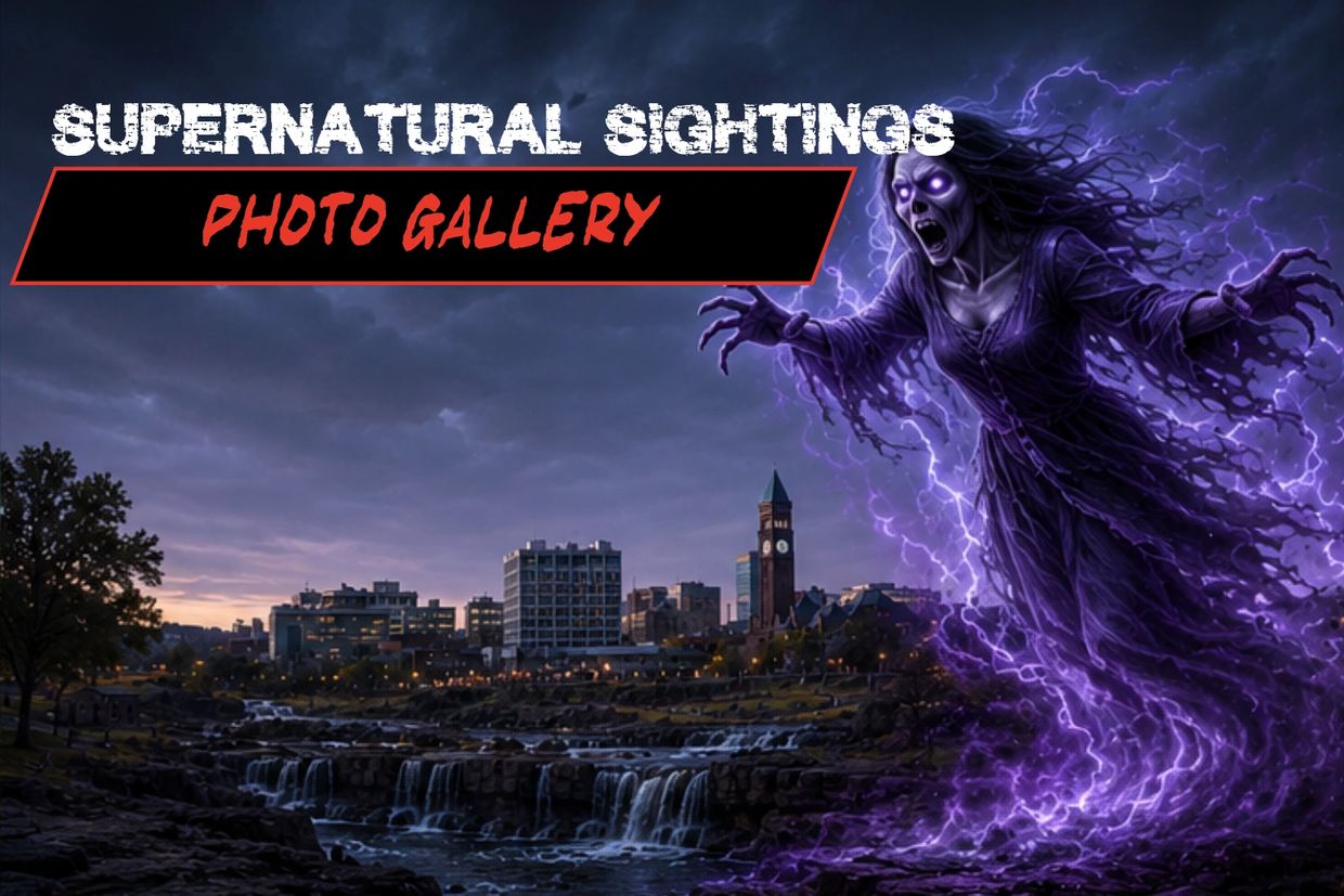 Supernatural sightings photo gallery with a ghostly figure over a city at dusk.