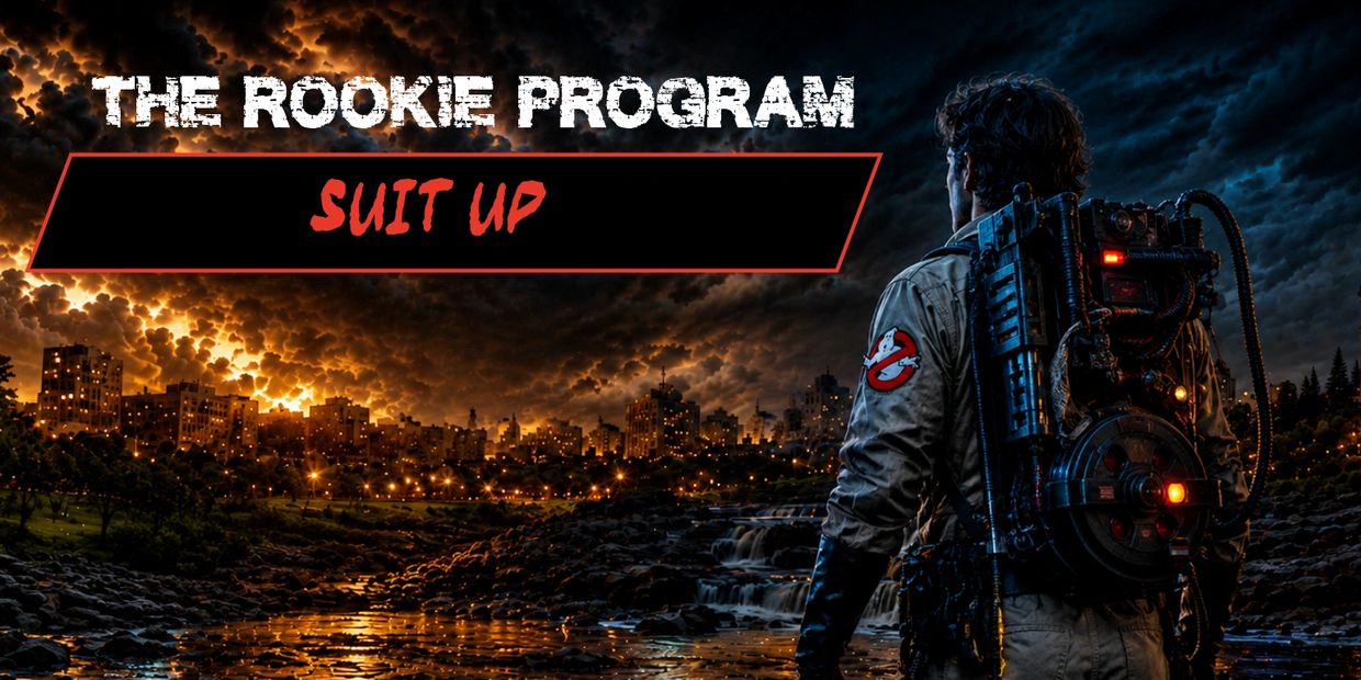 South Dakota Ghostbusters rookie program recruitment banner featuring a Ghostbuster in proton pack gear overlooking a paranormal cityscape in Sioux Falls.