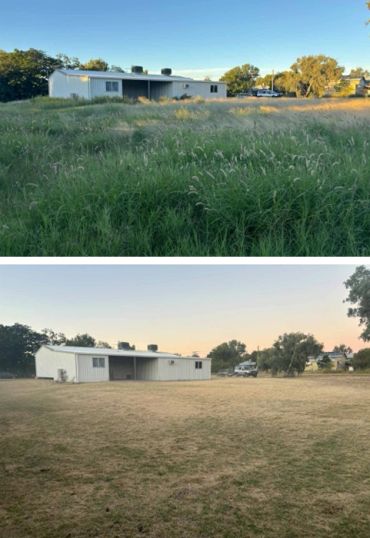 Before and after lawn mowing around a white building under clear skies.