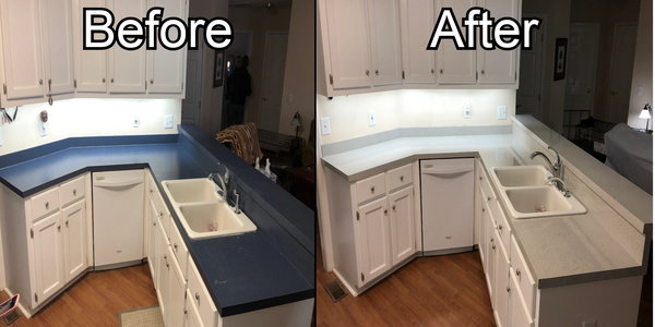 Before and after kitchen countertop renovation showing lighter, modern surface replacing dark blue one.