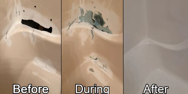 Bathtub corner damage repair: before, during, and after stages.