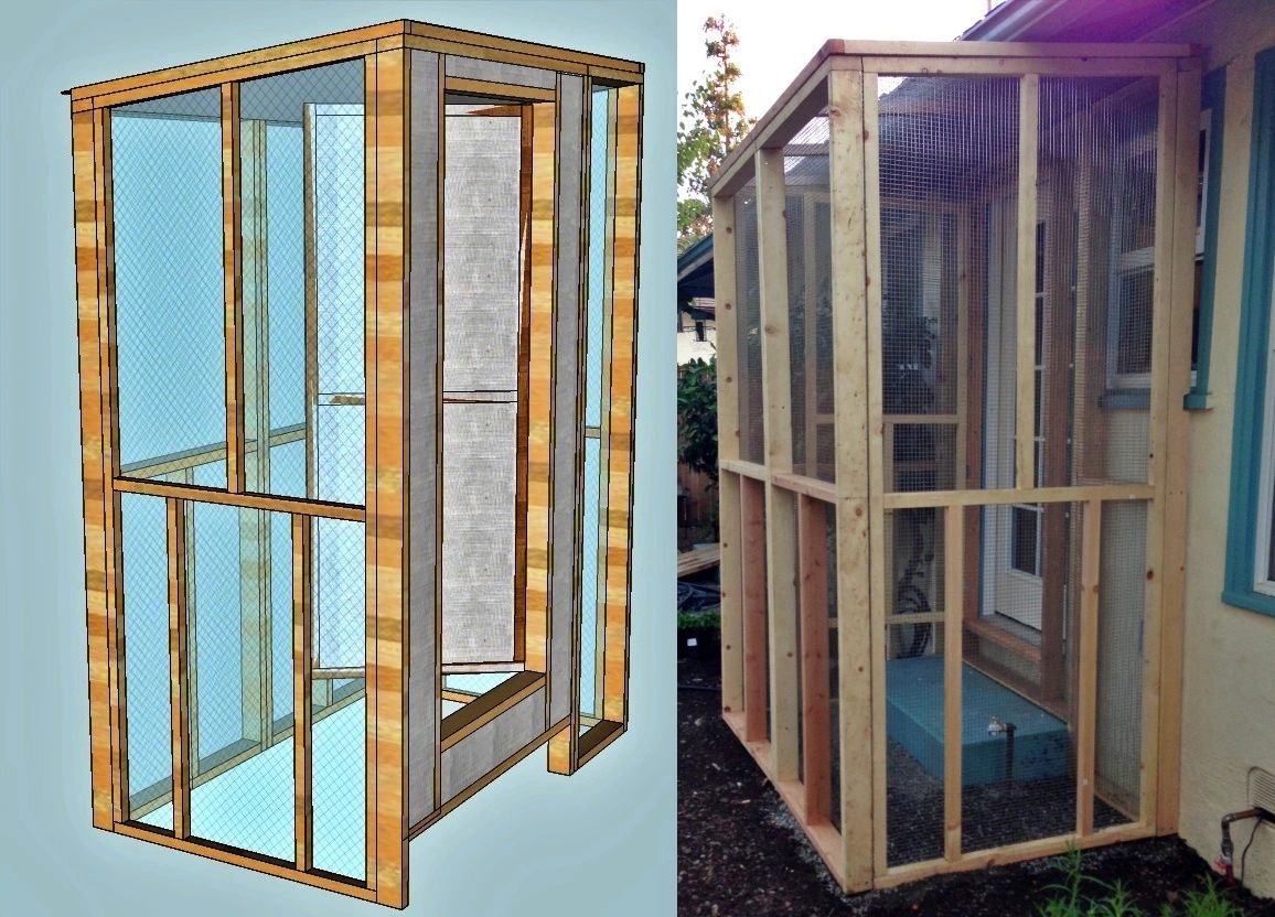 Birdie Buddy's back door aviary design drawing and the client built results.