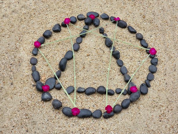 An enneagram symbol made from stones, stems, and flowers.