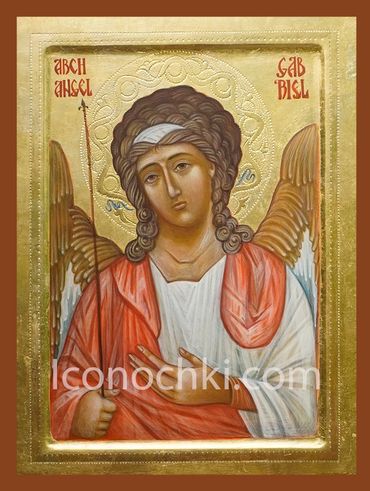Traditional icon painting of Archangel Gabriel with golden background.