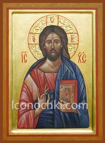Icon of Jesus Christ with a golden halo and sacred book.