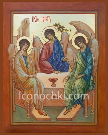 Iconic religious painting depicting the Holy Trinity with three angelic figures.