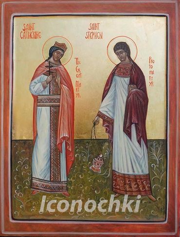 Icon painting of Saint Catherine and Saint Stephen, both depicted as martyrs.
