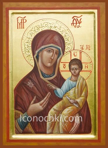 Religious icon of Virgin Mary holding baby Jesus with golden halos.