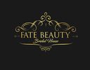 Elegant logo for Fate Beauty bridal house with gold ornate design on black.