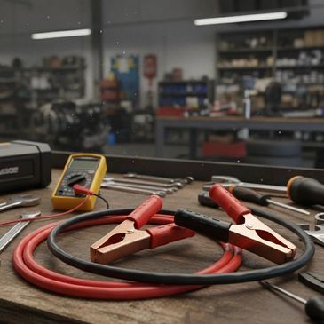 Jumper cables and tools on a workbench in a garage.