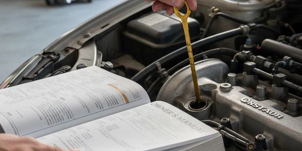 Person checking car engine oil with an owner's manual open.
