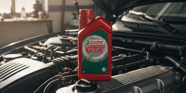 A bottle of Castrol GTX motor oil placed on a car engine.