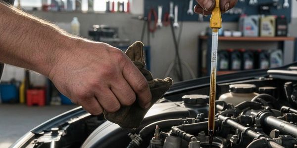 Hand checking engine oil level using a dipstick in a car engine.