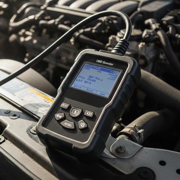 OBD scanner diagnosing a car engine with live data display.