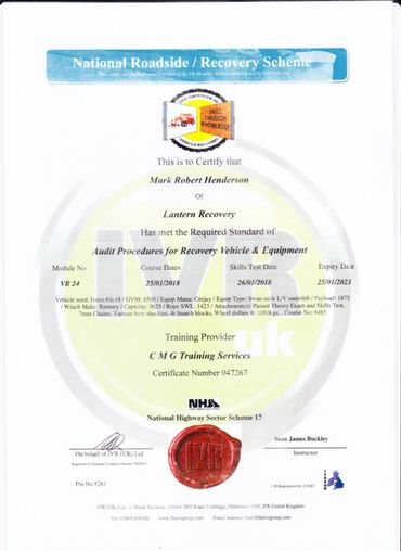 Trained to Institute of vehicle recovery standard with certiicates