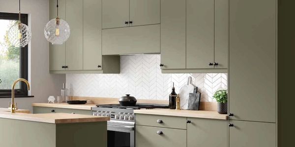 olive green slab style kithen doors with knob handles