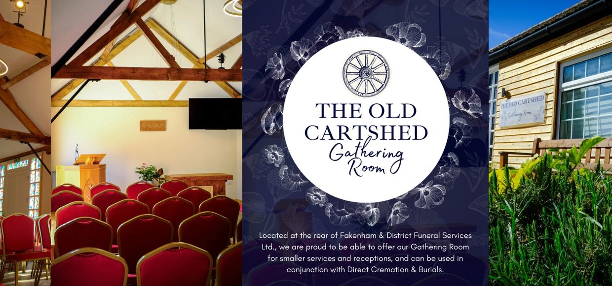 Interior and exterior views of The Old Cartshed Gathering Room, a venue for smaller services and receptions.