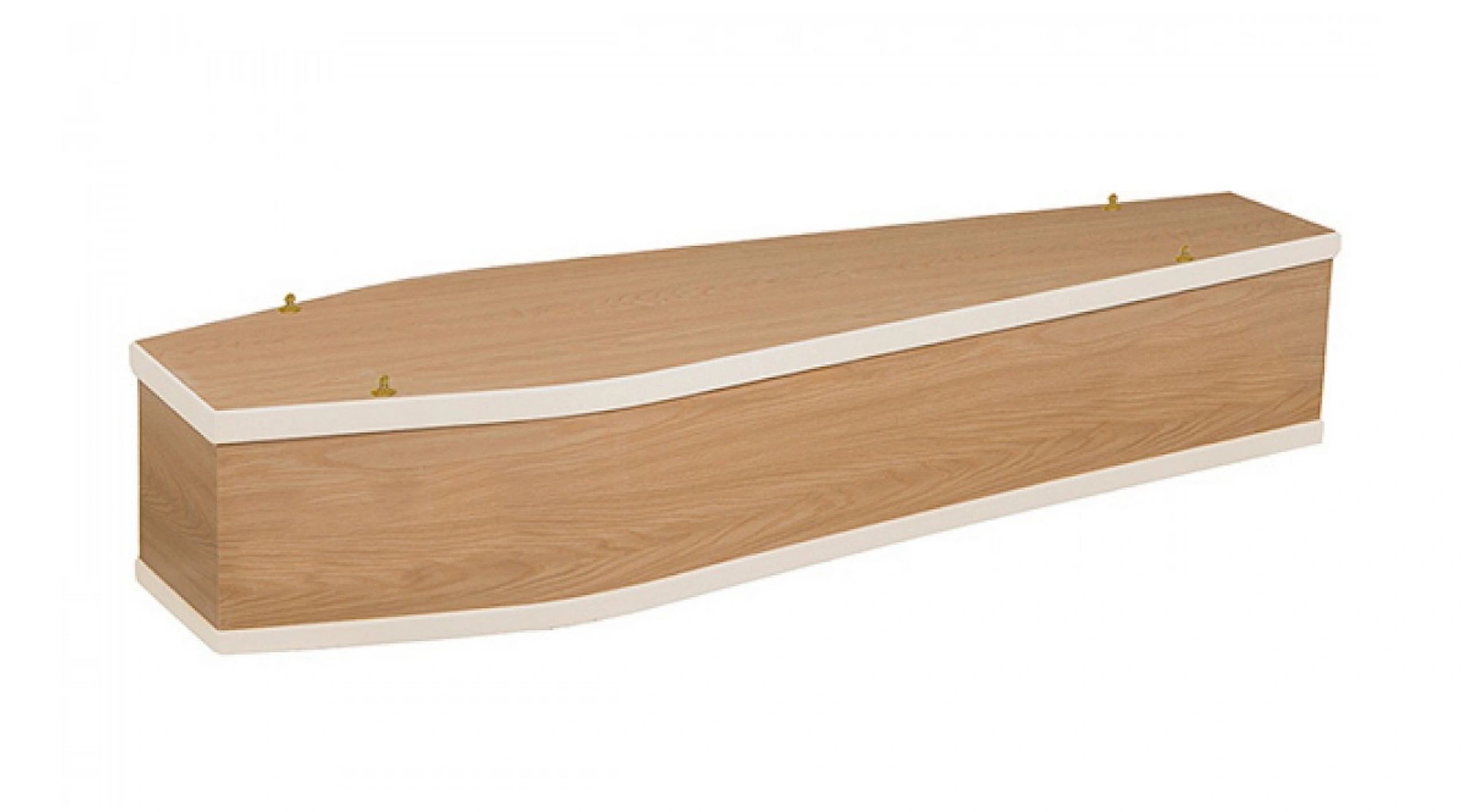 Simple wooden coffin with white trim and brass fixtures.