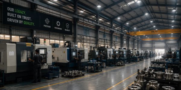 Factory interior with machines and workers.