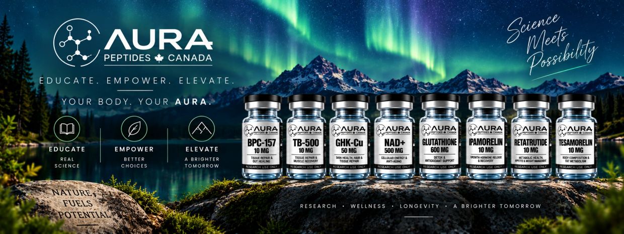 AURA Peptides Canada product lineup against a mountain and aurora background.