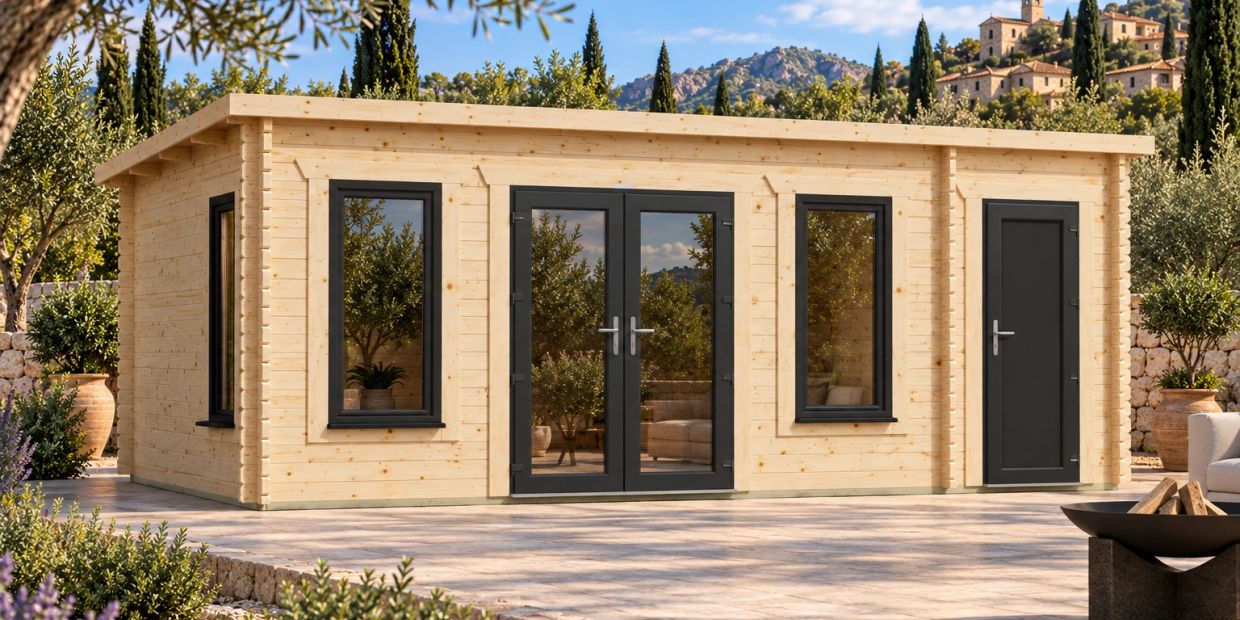 Casa de madera moderna con puertas y ventanas negras.