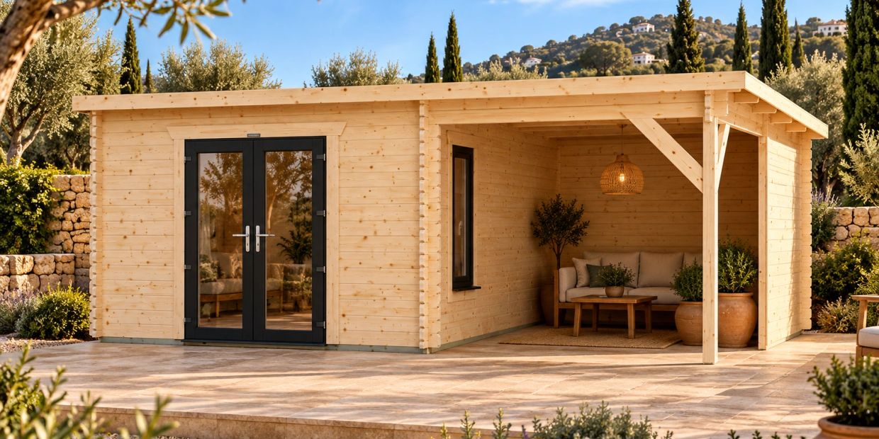 Cabaña de madera con porche y muebles modernos.