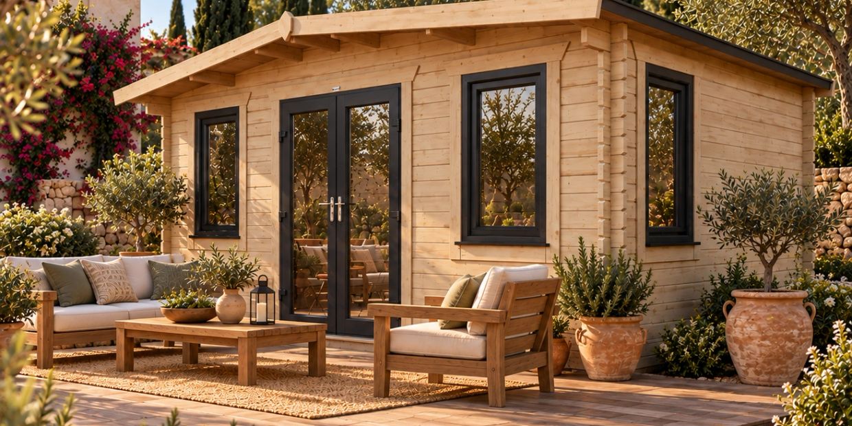 Cabaña de madera con muebles de exterior y plantas decorativas.