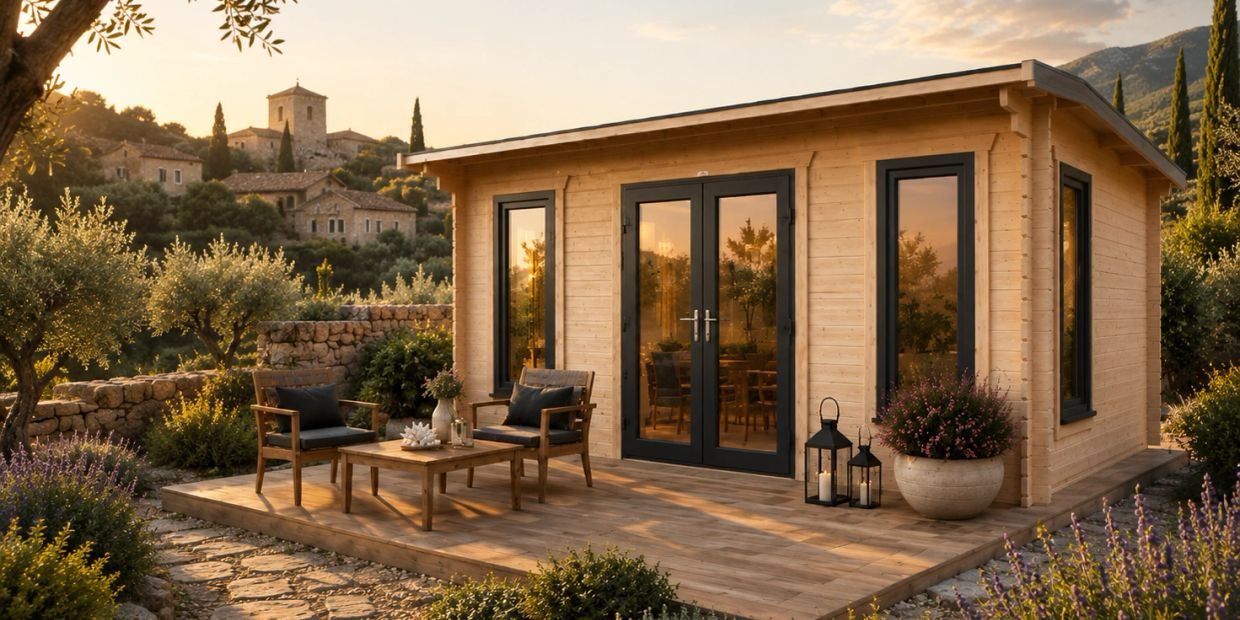 Casa de madera con terraza y mobiliario de jardín al atardecer.