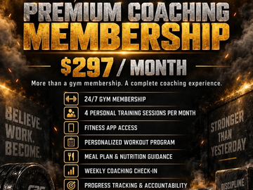 Premium coaching membership for $297/month with extensive fitness benefits.