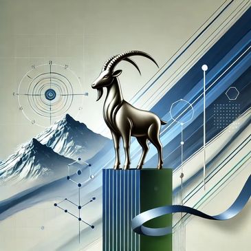 A powerful goat atop a peak symbolizes leadership, strategy, and progress toward success.