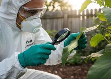 Pest control expert inspecting a plant closely with magnifying glass.