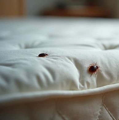 Two bed bugs on a mattress surface.
