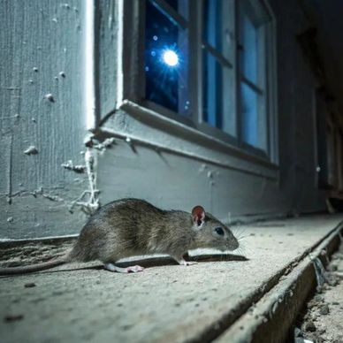 A rat on a concrete surface near a building window at night.