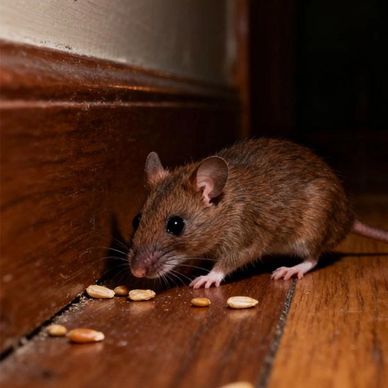 A brown mouse eating peanuts on a wooden floor near a wall.