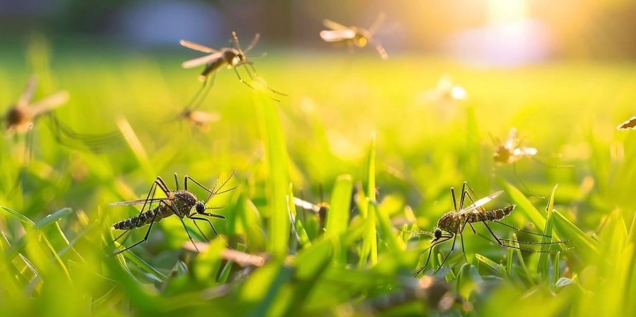 Close-up of mosquitoes on grass in warm sunlight.