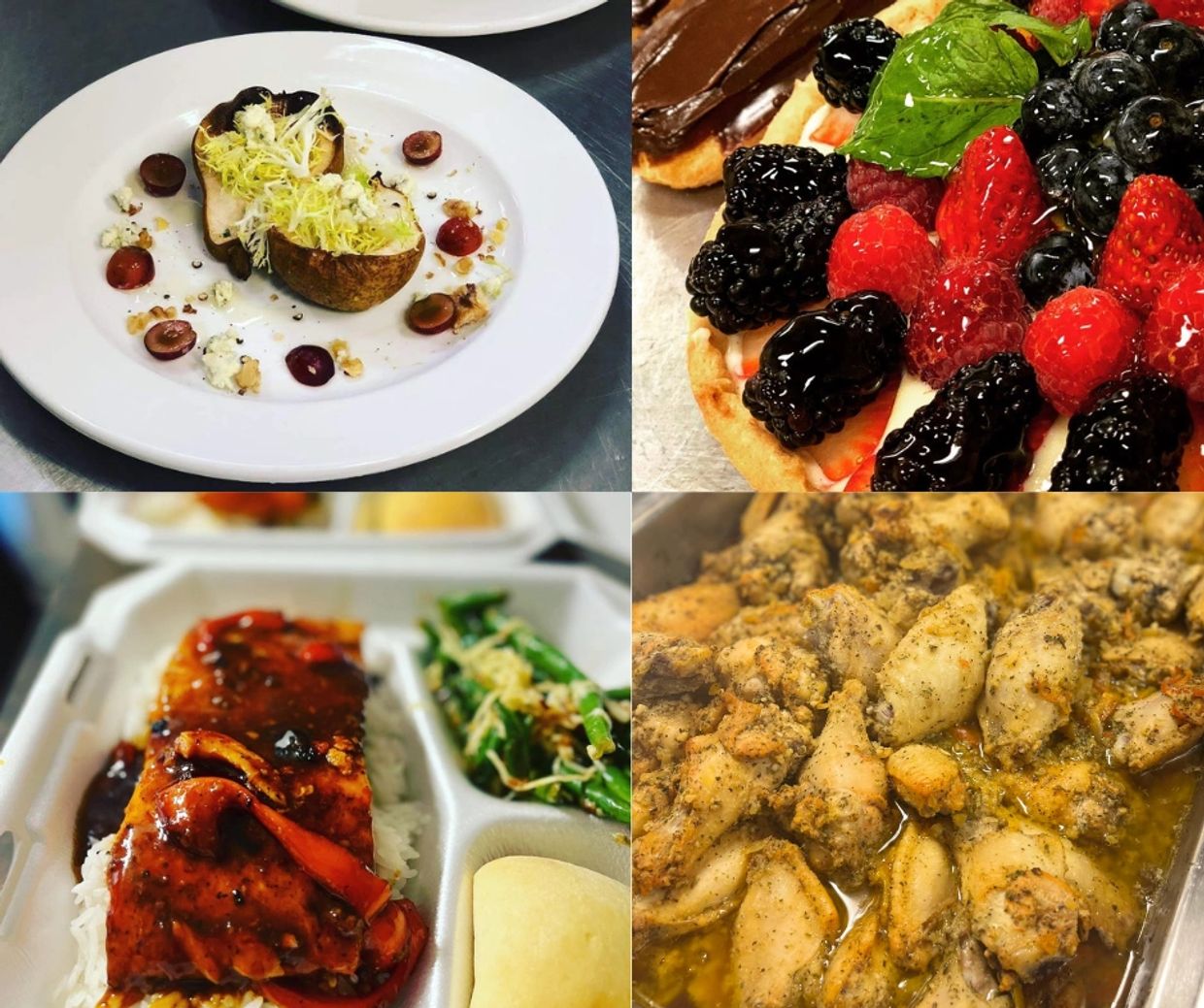 A variety of gourmet dishes featuring fruits, chicken, and fish.