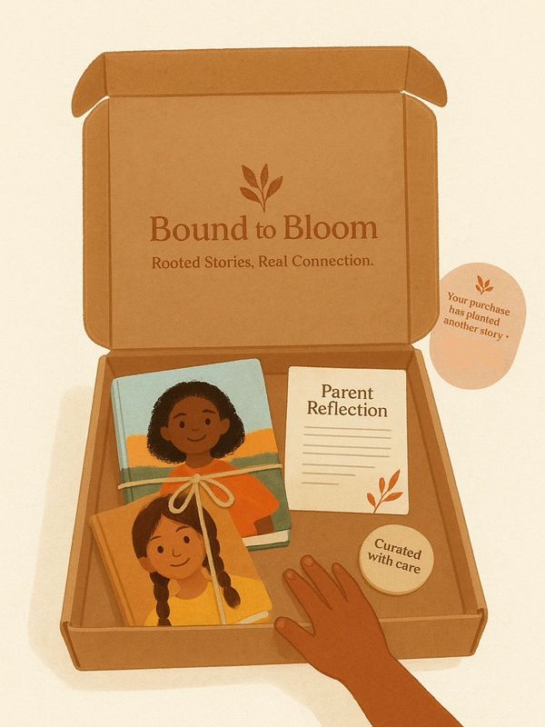 Child's Book Subscription Box by Bound to Bloom with Child's Hand Reaching for Gifted Books