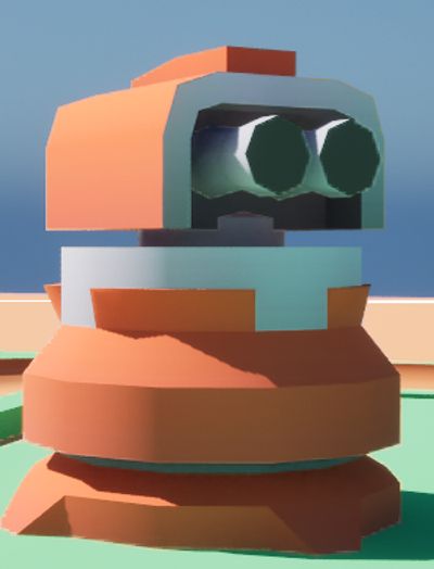 Low-poly orange robot with binocular-like eyes against a blue sky.