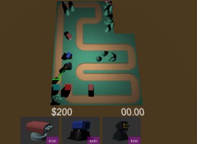 A top-down view of a tower defense game with a winding path and turrets.