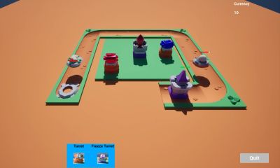 A tower defense game with colorful turrets on a track.