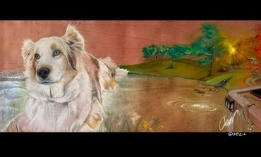 Dog laying in a pond of water with a camp nearby.