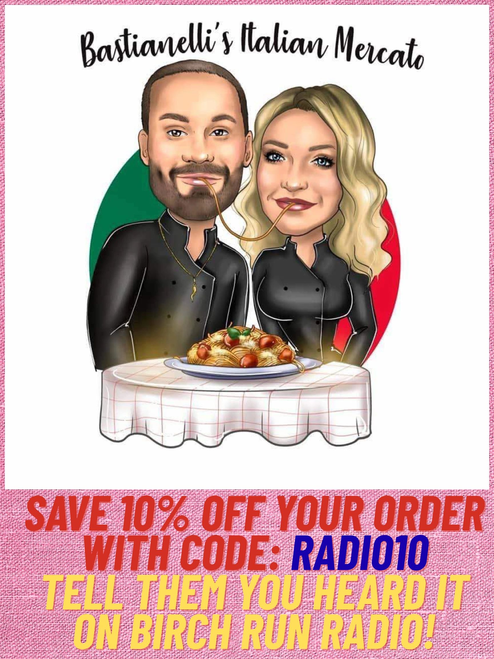 Cartoon couple sharing spaghetti promoting Bastianelli's Italian Mercato.